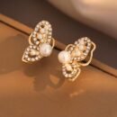 Pair of Elegant Golden-Tone Butterfly Stud Earrings with Sparkling Rhinestones & Pearl Centers - Luxurious Alloy Jewelry, Ideal Valentine's Day Gift for Her, Elegant Accessories|Butterfly Motif|Rhinestone Embellishments, Butterfly Earrings