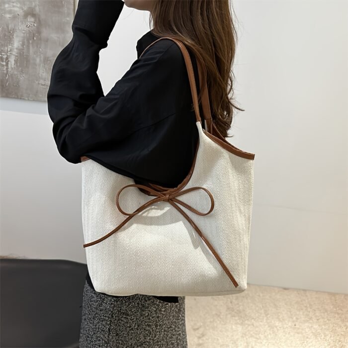 Women'S Crossbody Bag, Niche Patchwork Canvas Tote Bag, Commuting Fashion with Bow Tie, Shoulder Underarm Bag-- Stylish Design, Quality Workmanship, Comfortable Handle, 3 Colors to Choose from, Suitable for Shopping, Shopping, Work Commuting, Travel Leisure, School Classes, Dates and so on, Perfect holiday gif - Image 7