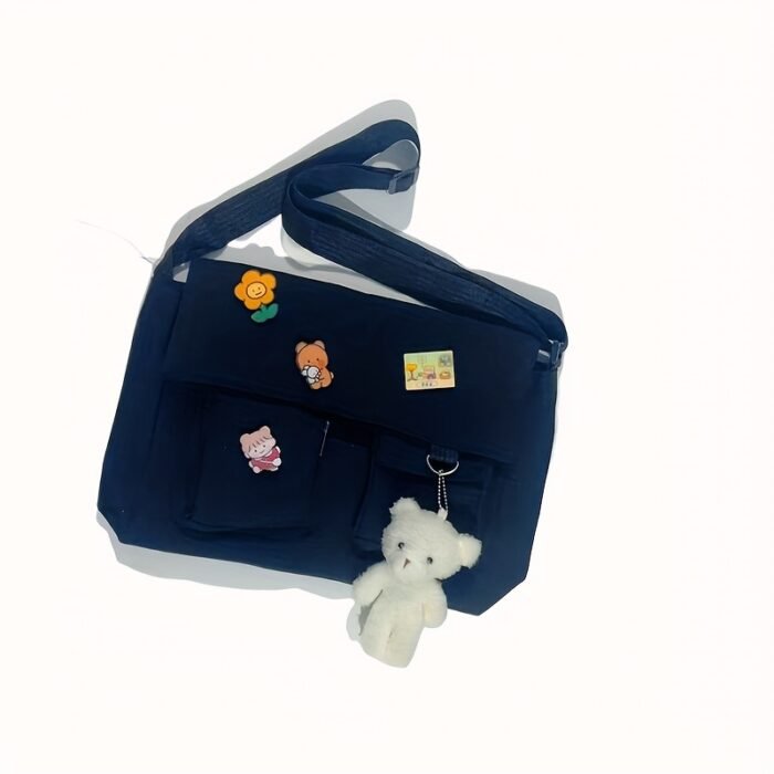Women's Anime-Themed Messenger Bag with Free Blush Bear & Acrylic Accessories - Adjustable Strap, A4 Capacity, White/Black Casual Crossbody Shoulder Bag for, Work, Travel, Kawaii Bag, Work Accessory, Anime Accessory, Polyester Lined - Image 3