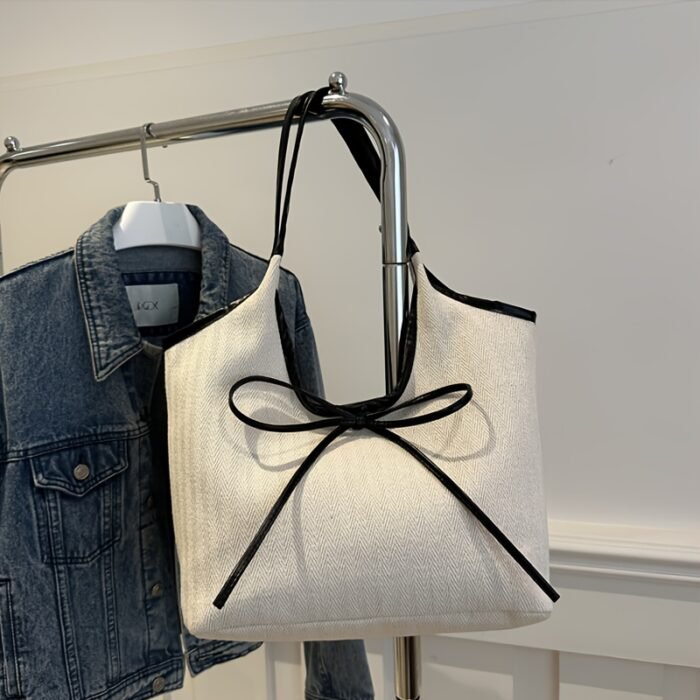 Women'S Crossbody Bag, Niche Patchwork Canvas Tote Bag, Commuting Fashion with Bow Tie, Shoulder Underarm Bag-- Stylish Design, Quality Workmanship, Comfortable Handle, 3 Colors to Choose from, Suitable for Shopping, Shopping, Work Commuting, Travel Leisure, School Classes, Dates and so on, Perfect holiday gif - Image 5