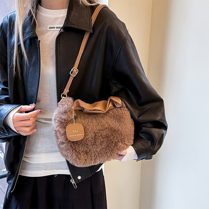 Women's Plush Faux Fur Crossbody Bag with Adjustable Strap & Zipper Closure - Sparkling Accents, Anti-Theft Design, Multiple Colors (Khaki/Light Gray/Beige/Pink) for Commuting & Casual Outings, Crossbody Purse, Winter Fashion Accessory, Soft Texture Purse - Image 16