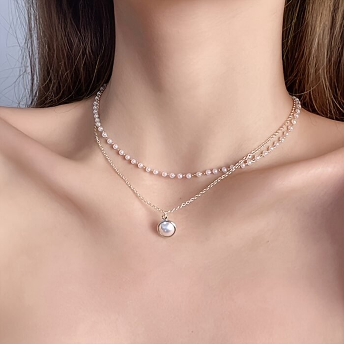 Elegant Double Layer Chain Necklace - Imitation Pearl Pendant, Iron Material, Versatile for Women, Daily & Party Wear, 1pc - Image 4
