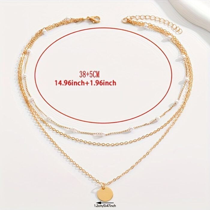 1pc Layered Necklace Simple Round Piece Pendant Necklace Faux Pearl Beaded Necklace Stylish Jewelry - Image 4