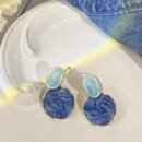 Elegant Blue Enamel Drop Earrings - French-Inspired, Stainless Steel Posts, Ideal for Weddings & Parties, Women's Boho-Chic Oval Studs, Pair