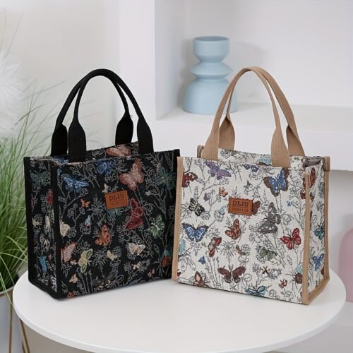 [Retro Handbag] Retro Women's Butterfly & Floral Fabric Handbag | Zipper Closure Small Square Tote with Fixed Shoulder Straps, Portable Work Bag for Everyday Use & Sundries Storage