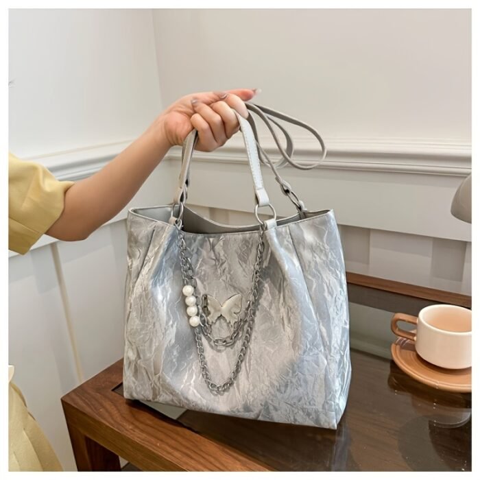 Women's Tote Bag Women's Crossbody Bag 2025 Commuter Large Capacity New Summer Silvery Shoulder Bag - Image 9