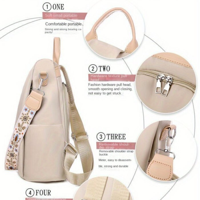Ethnic-Inspired 3D Floral Embroidery Backpack for Women - Soft Nylon, Casual Style, Utility Pocket, Non, Black, Beige, Blue, Casual Travel Bag|Ethnic Embroidery Bag|Durable Zipper Closure, Backpack - Image 11