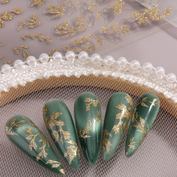 2pcs Golden Glitter Leaf Design Nail Stickers, Self-Adhesive Willow Leaf Pattern for DIY Salon, Women and 'S Nail Art Supplies LS-J - Image 3