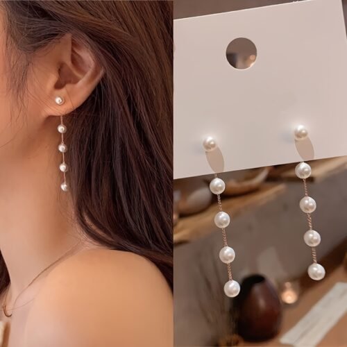 1 Pair Elegant French Vintage Faux Pearl Dangle Earrings, Long Tassel Drop Ear Accessories For Women