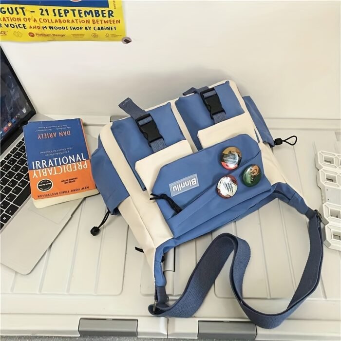 Large Capacity Nylon Messenger Bag for Students - Casual Japanese-Inspired Crossbody with Adjustable Strap, Contrasting Colors, and Badge Set - Ideal for School and Shopping, School Shoulder Bag|Contrasting Colors Bag|Adjustable Strap Bag - Image 7