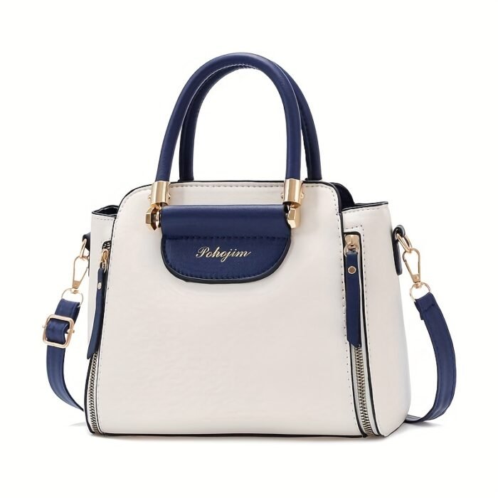 Stylish White & Navy Blue Women'S Handbag with Golden-Tone Hardware - Detachable Shoulder Strap, Zipper Closure, Polyester Lining - Perfect Gift for Mom or Family, Casual Chic Design, Durable Zipper Closure - Image 5