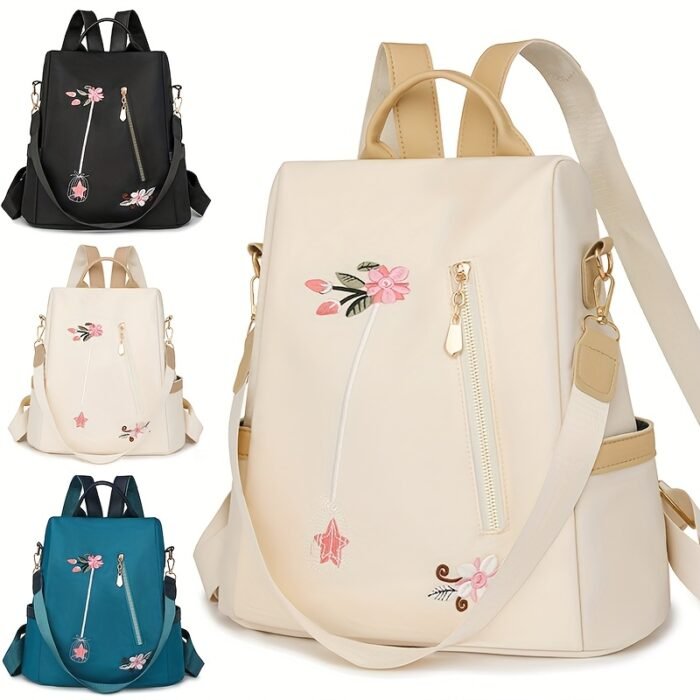 Stylish Floral Embroidered Backpack - Lightweight Anti-Theft Large Capacity Unisex Daypack with Adjustable & Detachable Straps, Zipper Closure, Polyester Lining for Commuting, Travel, School, Travel Backpack - Image 2