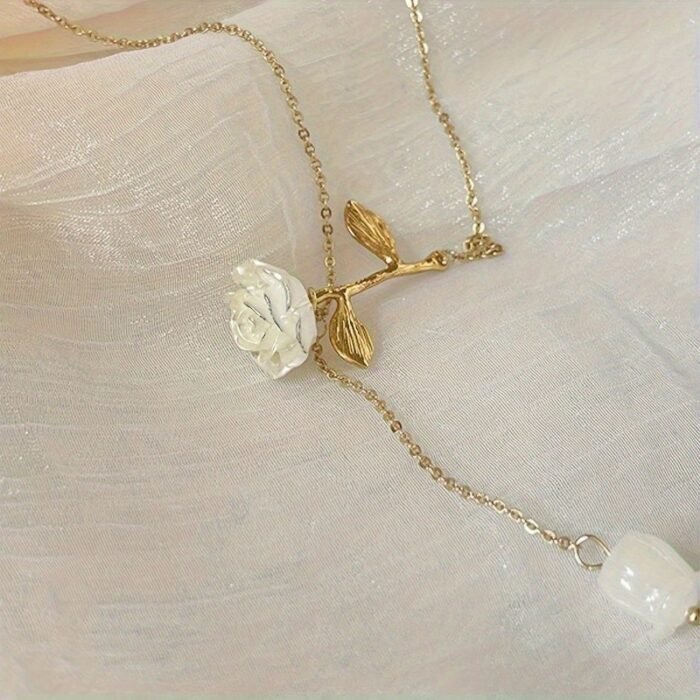 French-Inspired Rose Necklace with Floral Pendant & Delicate Chain - Vintage Collarbone Jewelry for Women, Elegant Everyday & Vacation Jewelry Gift, Flower Necklace, Fashion Accessory, Frenchinspired Design, Sparkling Elements - Image 4
