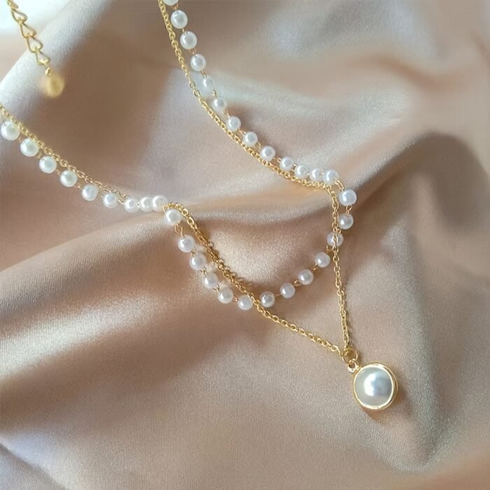 Elegant Double Layer Chain Necklace - Imitation Pearl Pendant, Iron Material, Versatile for Women, Daily & Party Wear, 1pc - Image 3