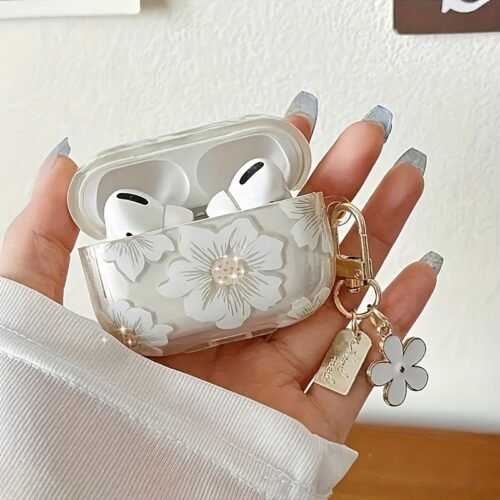 Fashionable White Floral TPU Protective Case - Wireless Earbud Case with Anti-Drop Design, Keychain for Pro 2/1/2/3 Gen, Durable and Cute