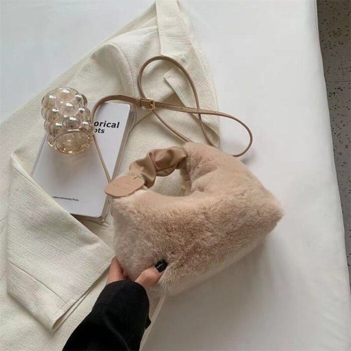 Women's Plush Faux Fur Crossbody Bag with Adjustable Strap & Zipper Closure - Sparkling Accents, Anti-Theft Design, Multiple Colors (Khaki/Light Gray/Beige/Pink) for Commuting & Casual Outings, Crossbody Purse, Winter Fashion Accessory, Soft Texture Purse - Image 9