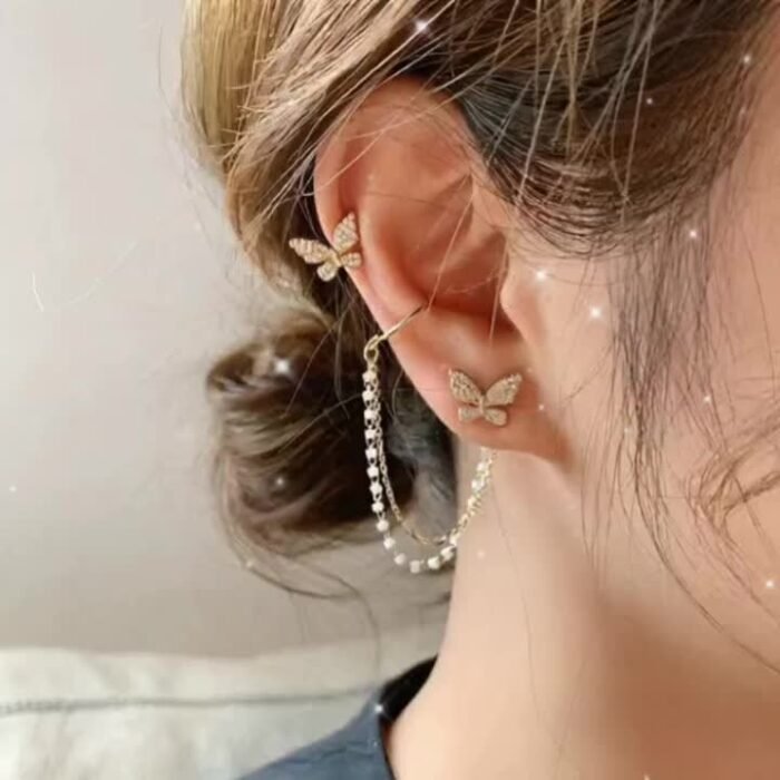 1 Pair of Temperament Simple Irregular Imitation Chain Tassel Butterfly Micro Drill Earrings Ear Clip Set for Girls, Valentine's Day Party Fairy Earrings - Image 8
