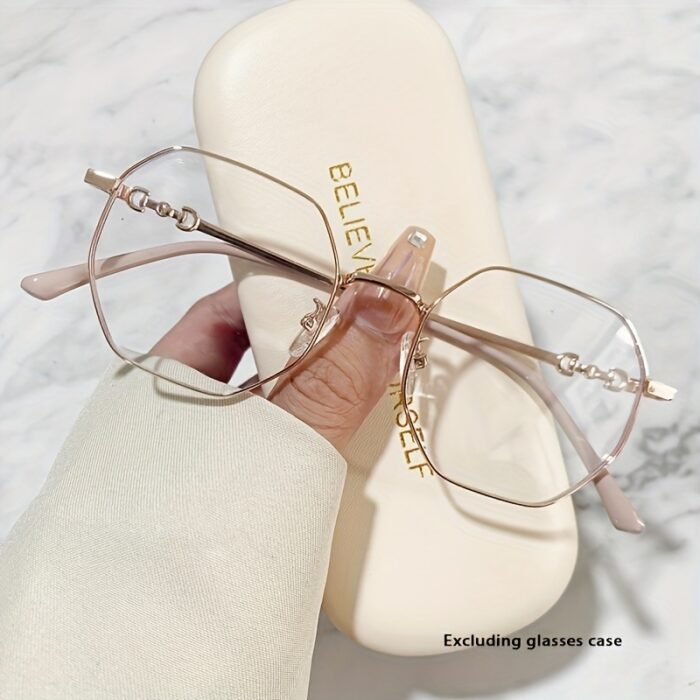 Chic Polygon Metal Frame Blue Light Blocking Glasses - Stylish Transparent Lens Eyewear for Women, Rose Golden Accents, Full-Rim Design, Perfect for Casual Outfits - Image 8