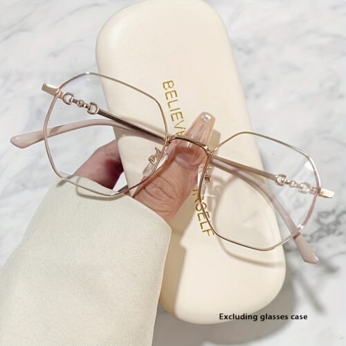 Chic Polygon Metal Frame Blue Light Blocking Glasses - Stylish Transparent Lens Eyewear for Women, Rose Golden Accents, Full-Rim Design, Perfect for Casual Outfits
