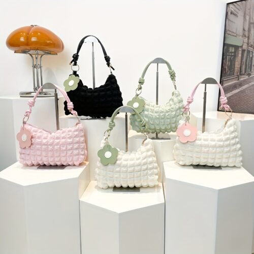 Women's White Bubble Flower Pleated Crossbody Bag - Lightweight Fabric with Adjustable Strap & Zipper Closure, Versatile Shoulder Bag for Daily Commuting, Shopping, Casual & Formal Occasions, Small Crossbody Purse, Travel Accessory, Floral Pattern, Durable Construction, Compact Handbag, Fashion Lovers, Stylish Purse, Polyester Lining, Women's Handbag, Women's Fashion
