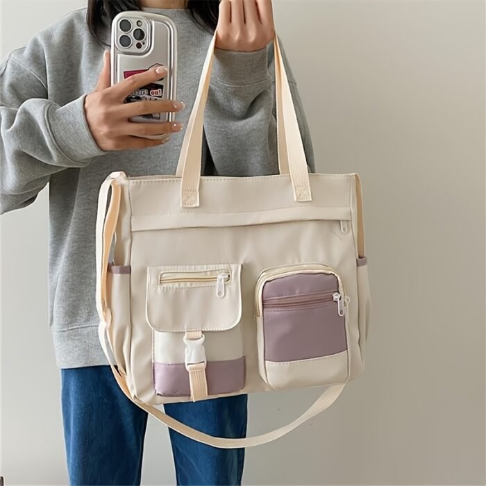 Women'S Black & Beige Two-Tone Adjustable Strap Tote Bag - Foldable, Zipper Closure, Removable Pouch, Polyester Lining, Machine Washable, Everyday Commute Bag|Foldable Tote Bag|Zippered Closure, Tote Bag - Image 6