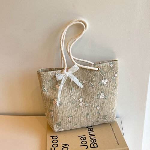 Chic Summer Woven Tote Bag - Korean Style, Beige Fabric with Floral Lace Detailing, Casual Small Crossbody Bucket Bag with White Strap and Polyester Lining, Casual Accessory | Floral Lace Bag | Buckle Closure