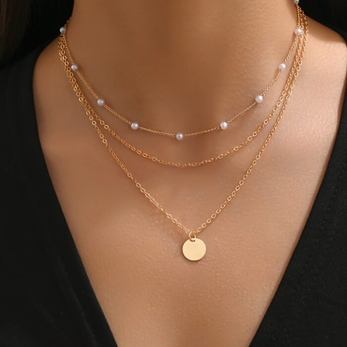 1pc Layered Necklace Simple Round Piece Pendant Necklace Faux Pearl Beaded Necklace Stylish Jewelry - Image 5