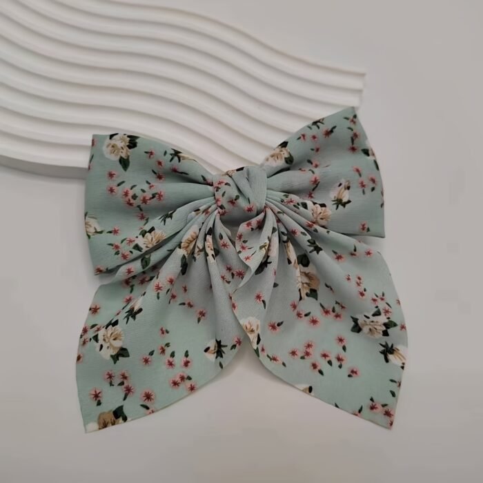 [1pc Elegant Bow Tie] Elegant Floral Print 1pc Bow Tie Hair Clip | Bohemian Style, Perfect for Daily Wear & Valentine's Day | White with Pink and Green Floral Patterns, Cute Hair Accessory for Girl - Image 8