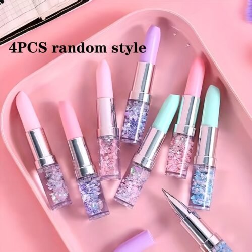 4pcs Creative Lipstick-Design Pens with Glitter Confetti Filling - Assorted Pastel Colors, Durable Plastic Fun Writing Stationery for Students, School Office Supplies & Prize Gifts, Student Gift Item | Playful Aesthetic | Sparkling Confetti, Cute Pens