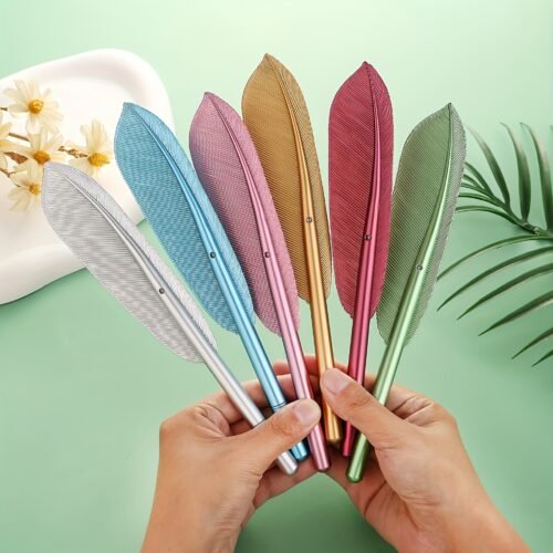 6pcs Multicolor Feather Ballpoint Pens, Fine Point PVC Writing Pens with Metallic Accents for Office & School Use (Assorted Colors)