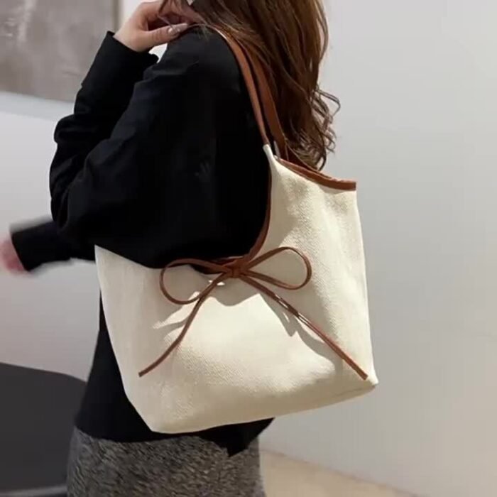 Women'S Crossbody Bag, Niche Patchwork Canvas Tote Bag, Commuting Fashion with Bow Tie, Shoulder Underarm Bag-- Stylish Design, Quality Workmanship, Comfortable Handle, 3 Colors to Choose from, Suitable for Shopping, Shopping, Work Commuting, Travel Leisure, School Classes, Dates and so on, Perfect holiday gif - Image 13