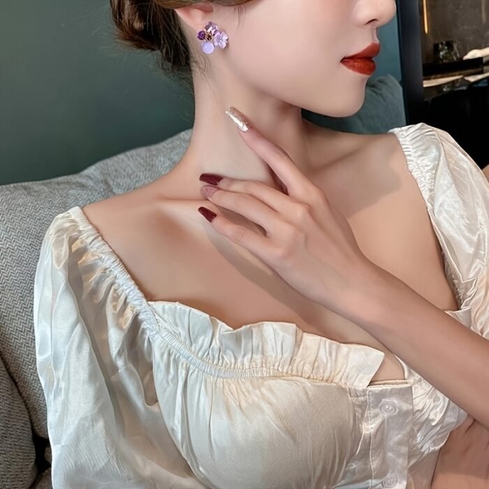 Elegant Boho-Chic Purple Artificial Crystal Flower Stud Earrings for Women - 925 Sterling Silver Posts, Versatile Fashion Accessory for All Seasons, Perfect for Gifts and Banquets - Image 2