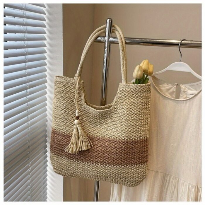 [Everyday Comfort] Large Capacity Woven Straw Tote Bag for Women - Stylish Beach Shoulder Handbag with Tassel Detail, Light Brown & Beige Two-Tone Design, Perfect for Spring and Summer Travel or Casual Outings, Casual Handbag | Chic Straw Tote | Natural Texture, Straw Handbag - Image 7