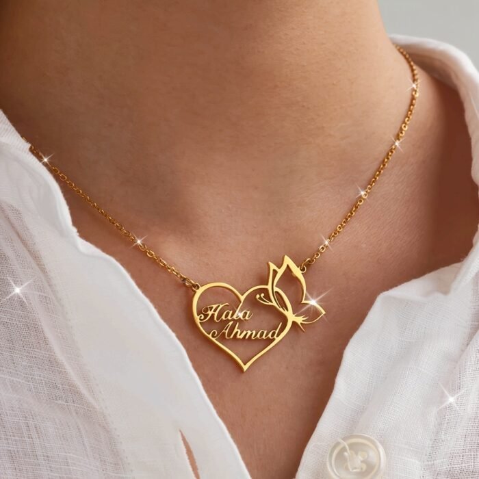 Customized 18K Golden Plated Stainless Steel Heart & Butterfly Necklace, Unisex Vintage Bohemian Style, Perfect for Daily Wear, Work, Dates, Gifts, Valentine's Day, Festivals, Parties - Image 8