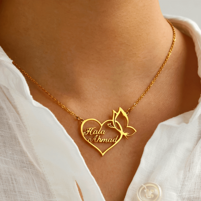 Customized 18K Golden Plated Stainless Steel Heart & Butterfly Necklace, Unisex Vintage Bohemian Style, Perfect for Daily Wear, Work, Dates, Gifts, Valentine's Day, Festivals, Parties - Image 9