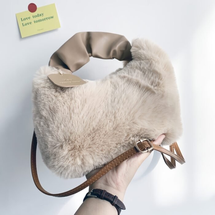 Women's Plush Faux Fur Crossbody Bag with Adjustable Strap & Zipper Closure - Sparkling Accents, Anti-Theft Design, Multiple Colors (Khaki/Light Gray/Beige/Pink) for Commuting & Casual Outings, Crossbody Purse, Winter Fashion Accessory, Soft Texture Purse - Image 8