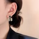 Elegant Vintage-Inspired Rhinestone Bow Earrings with Black Heart and Faux Pearl Accents - Alloy, Perfect for Daily Wear or Special Occasions, Vacation Jewelry|Elegant Earrings|Goldtone Finish