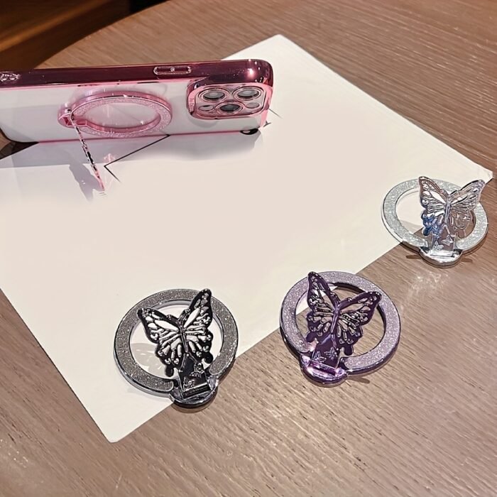 1pc Glitter Butterfly Stand Ultra-Thin Magnetic Wireless Charging Foldable Back Adhesive Phone Case Universal Ring Holder - Image 3