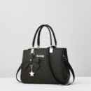 Elegant Black Handbag with Lychee Pattern, Bow Detail & Star Charm - Adjustable Shoulder Strap, Zippered Main Compartment - Perfect for Work, Shopping, Dates & Photography - Stylish Minimalist Design, Available in Khaki, Dark Gray, Rose Red, Khaki, Black