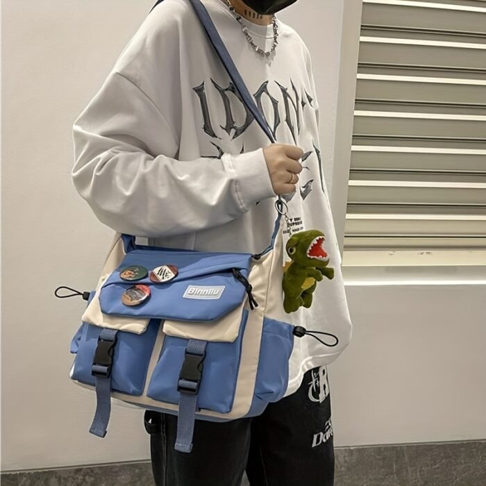 Large Capacity Nylon Messenger Bag for Students - Casual Japanese-Inspired Crossbody with Adjustable Strap, Contrasting Colors, and Badge Set - Ideal for School and Shopping, School Shoulder Bag|Contrasting Colors Bag|Adjustable Strap Bag - Image 2