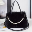 Women's Faux Fur & Embellished Crossbody Bag with Detachable Strap - Magnetic Closure Compact Casual Chic Handbag in Bright Pink, Khaki, Coffee, White, Black, Fashion Accessory, Evening Accessory, Embellishment, Soft Texture