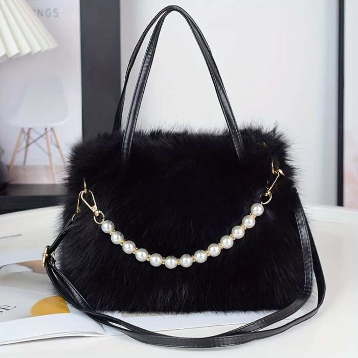 Women's Faux Fur & Embellished Crossbody Bag with Detachable Strap - Magnetic Closure Compact Casual Chic Handbag in Bright Pink, Khaki, Coffee, White, Black, Fashion Accessory, Evening Accessory, Embellishment, Soft Texture - Image 4