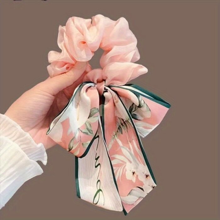 1pc Elegant Korean Style Bow Hair Tie - Sweet Spring/Summer Hair Accessory for Girls, Versatile Princess Hairband with Pink & Green Floral Design, Secure Hold Elastic Hair Ties, Daily Use Hair Accessories, Bowknot Hair Tie, Soft Texture Tie - Image 3