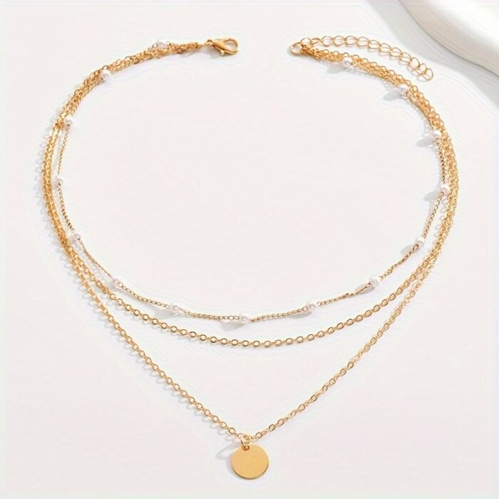 1pc Layered Necklace Simple Round Piece Pendant Necklace Faux Pearl Beaded Necklace Stylish Jewelry - Image 6
