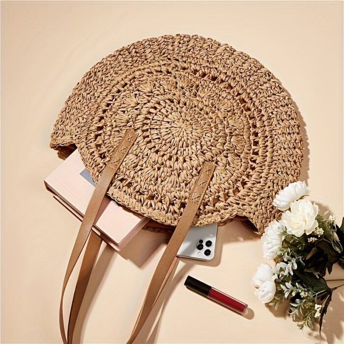 Summer Hollow Design Round Straw Tote Bag, Minimalist Woven Women's Tote Bag, Beach Bag, Suitable for All Seasons - Image 8