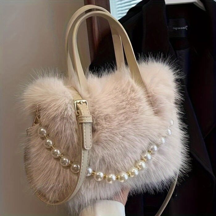 Women's Faux Fur & Embellished Crossbody Bag with Detachable Strap - Magnetic Closure Compact Casual Chic Handbag in Bright Pink, Khaki, Coffee, White, Black, Fashion Accessory, Evening Accessory, Embellishment, Soft Texture