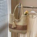 [Everyday Comfort] Large Capacity Woven Straw Tote Bag for Women - Stylish Beach Shoulder Handbag with Tassel Detail, Light Brown & Beige Two-Tone Design, Perfect for Spring and Summer Travel or Casual Outings, Casual Handbag | Chic Straw Tote | Natural Texture, Straw Handbag