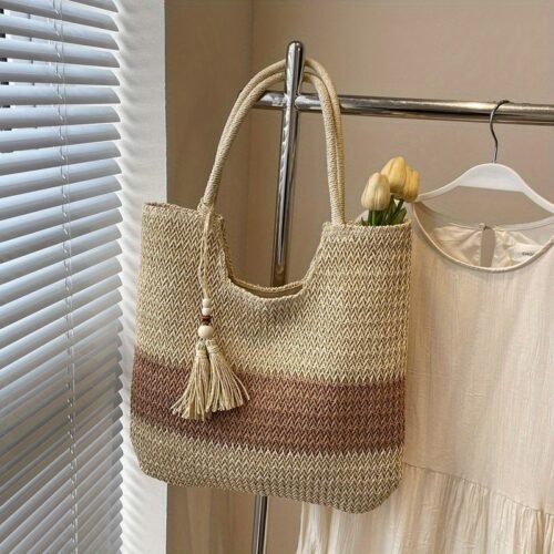 [Everyday Comfort] Large Capacity Woven Straw Tote Bag for Women - Stylish Beach Shoulder Handbag with Tassel Detail, Light Brown & Beige Two-Tone Design, Perfect for Spring and Summer Travel or Casual Outings, Casual Handbag | Chic Straw Tote | Natural Texture, Straw Handbag