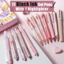 Pastel Gel Ink 0.5mm Fine Point Retractable Four Candies 12Pack Pen Set, 11 Pack Black Ink Pens with 1Pack Highlighter for Writing, Cute Note Taking Pens for School Office