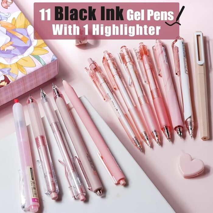 Pastel Gel Ink 0.5mm Fine Point Retractable Four Candies 12Pack Pen Set, 11 Pack Black Ink Pens with 1Pack Highlighter for Writing, Cute Note Taking Pens for School Office - Image 3